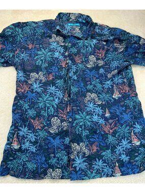 Tori Richard Mens Hawaiian Button-Down Shirt Blue Multi Large 100% Cotton Lawn